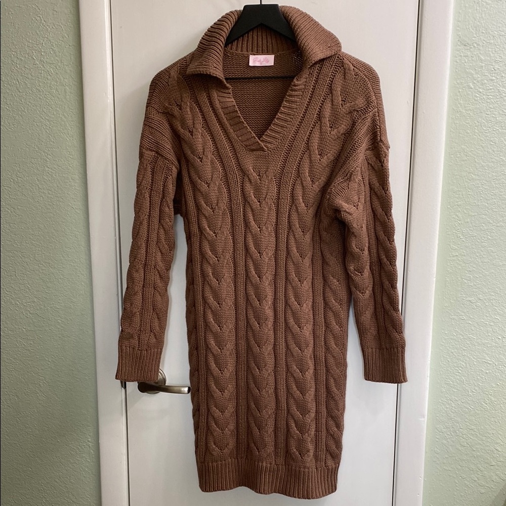 Cozy Brown Cable Knit Collared Sweater Mini Dress